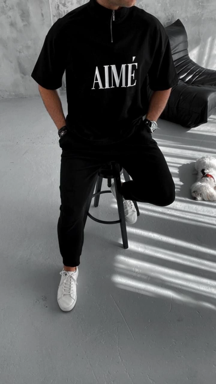 ASSEMA ERKEK Yarım Fermuarlı  Kısa kol Baskılı T-Shirt - Siyah