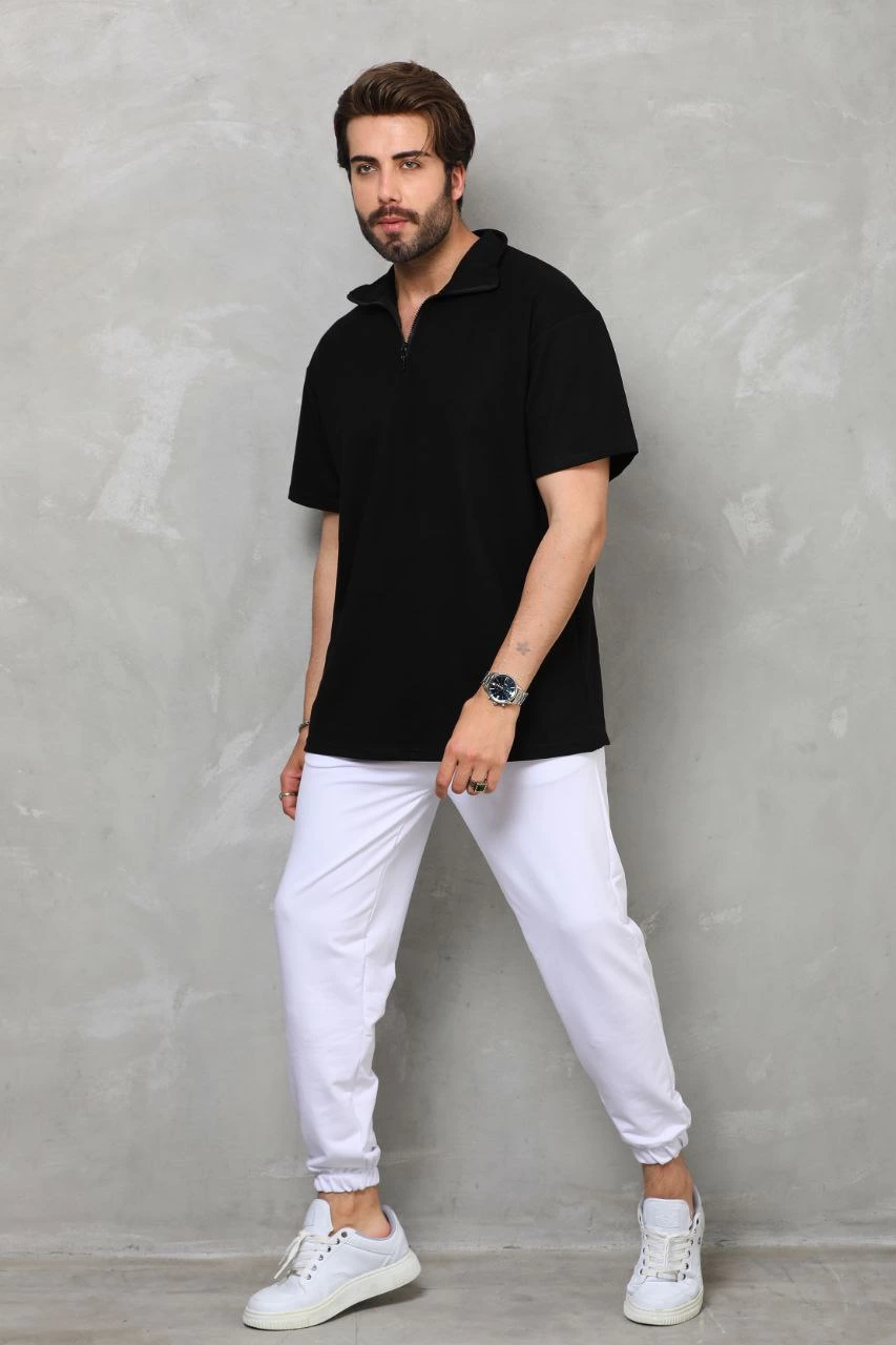 ASSEMA Erkek Yarım Fermuarlı Düz Oversize T-shirt - Siyah