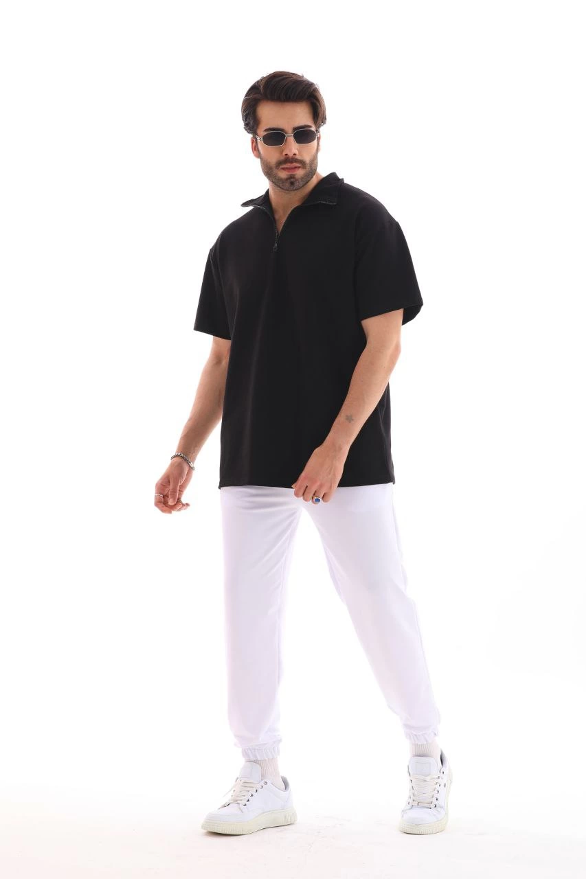 ASSEMA Erkek Yarım Fermuarlı Düz Oversize T-shirt - Siyah