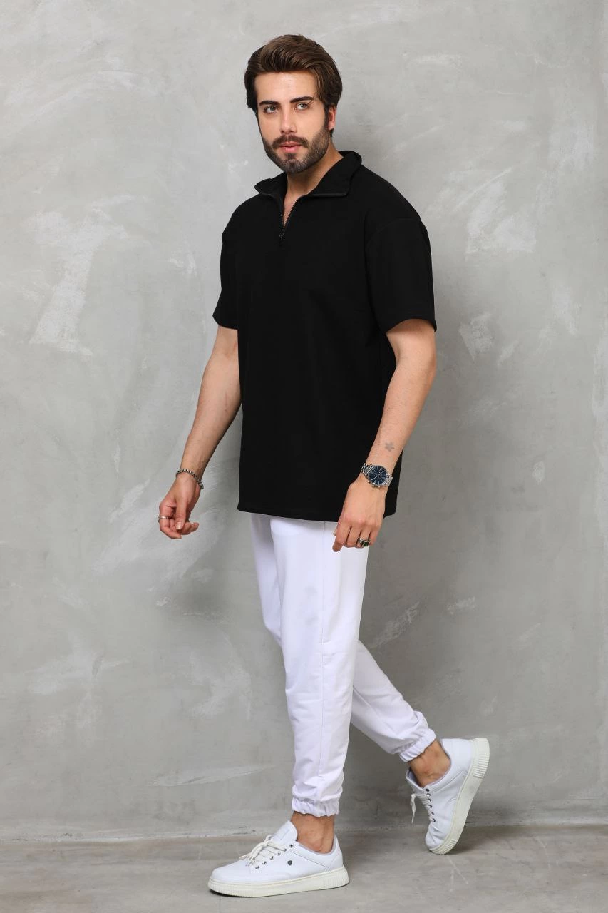 ASSEMA Erkek Yarım Fermuarlı Düz Oversize T-shirt - Siyah