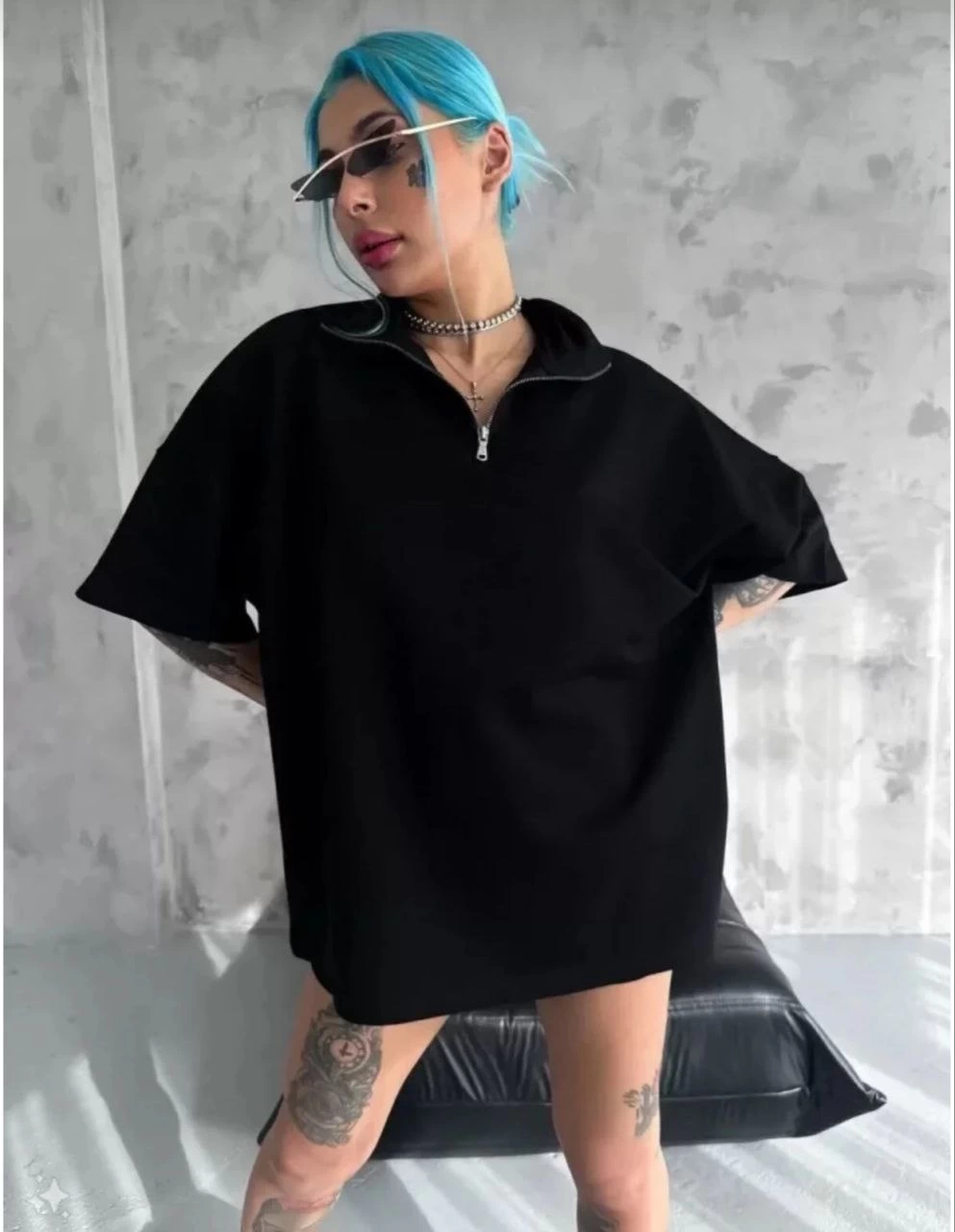 ASSEMA Unisex Yarım Fermuarlı Düz Oversize T-Shirt - Siyah