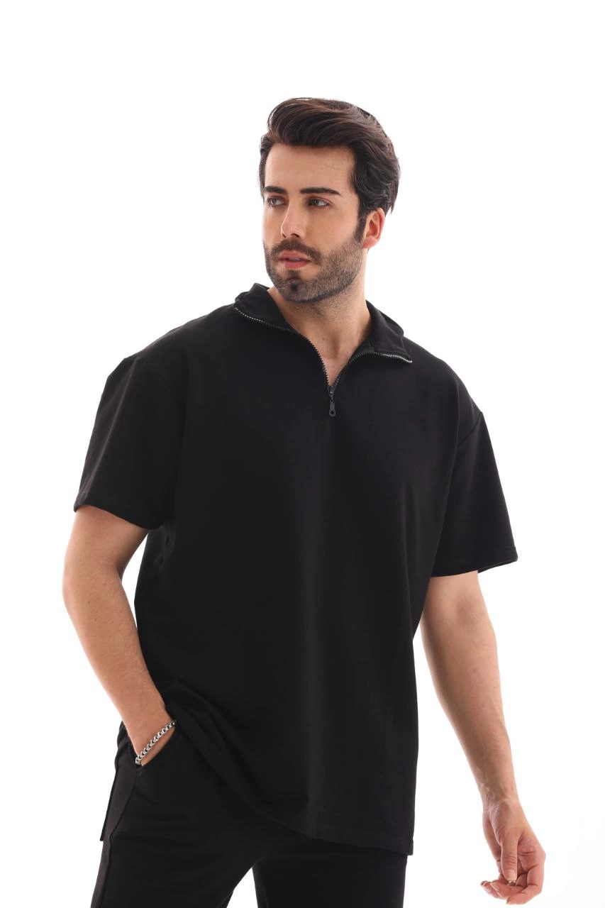 ASSEMA Erkek Yarım Fermuarlı Düz Oversize T-shirt - Siyah