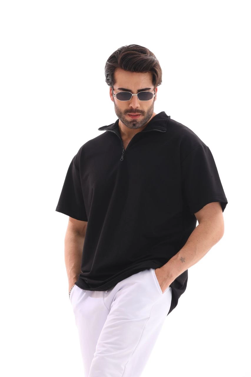 ASSEMA Erkek Yarım Fermuarlı Düz Oversize T-shirt - Siyah