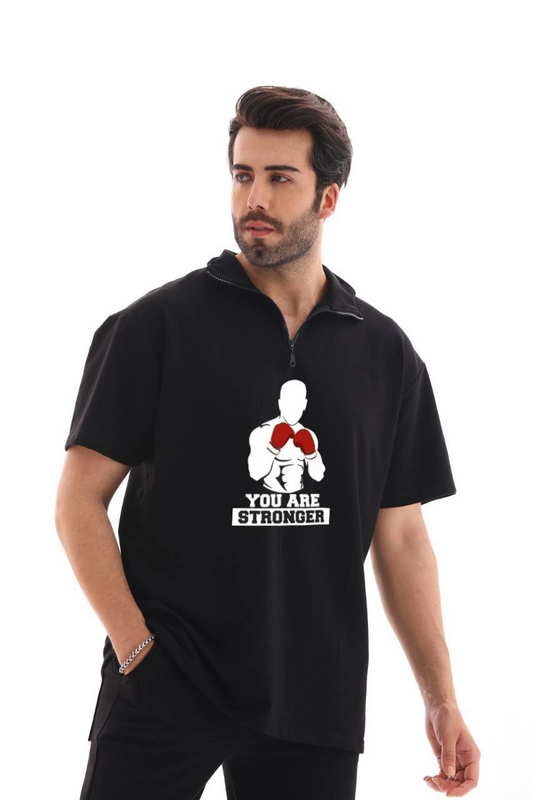ASSEMA Erkek Yarım Fermuarlı Oversize Baskılı T-Shirt - Siyah