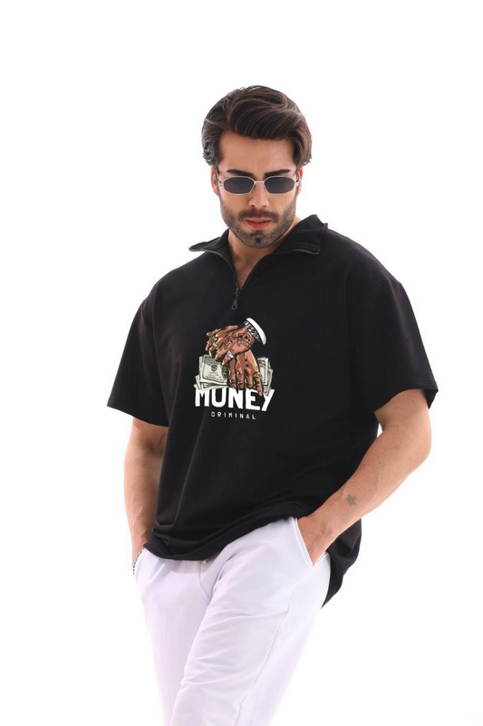 ASSEMA Erkek Yarım Fermuarlı Oversize Baskılı T-Shirt - Siyah
