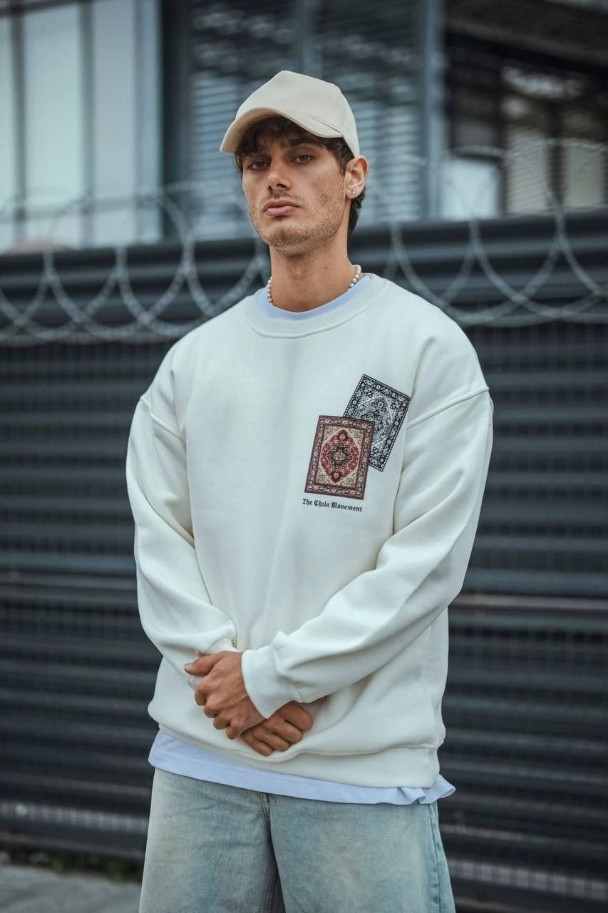 ASSEMA Erkek üç iplik pamuklu Bisiklet Yaka Baskılı SweatShirt - Beyaz