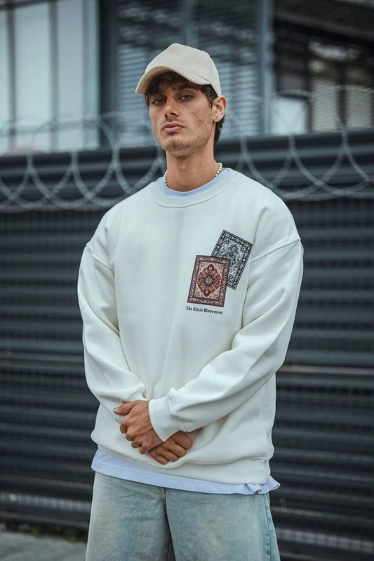 ASSEMA Erkek üç iplik pamuklu Bisiklet Yaka Baskılı SweatShirt - Beyaz