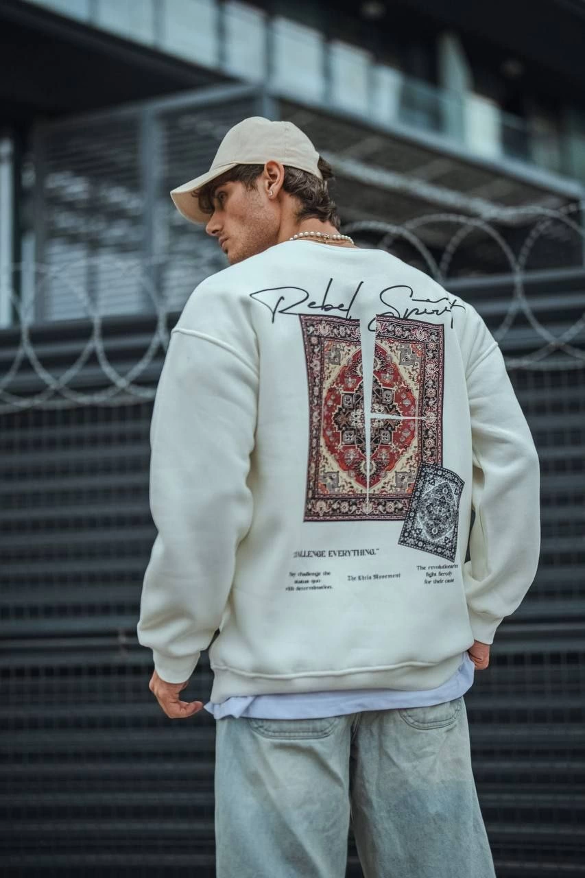 ASSEMA Erkek üç iplik pamuklu Bisiklet Yaka Baskılı SweatShirt - Beyaz