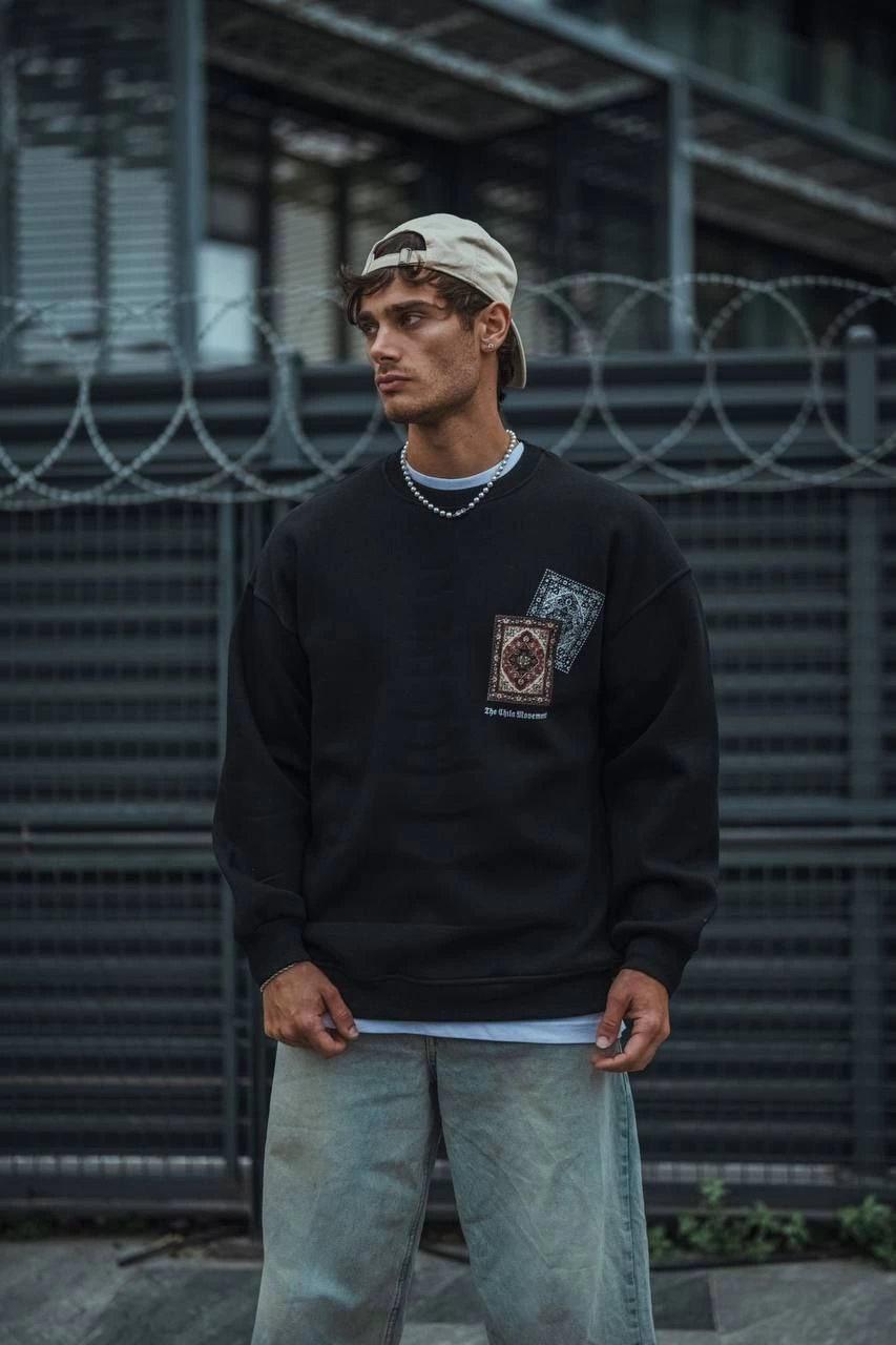 ASSEMA Erkek Üç iplik Pamuklu Bisiklet Yaka Baskılı SweatShirt - Siyah