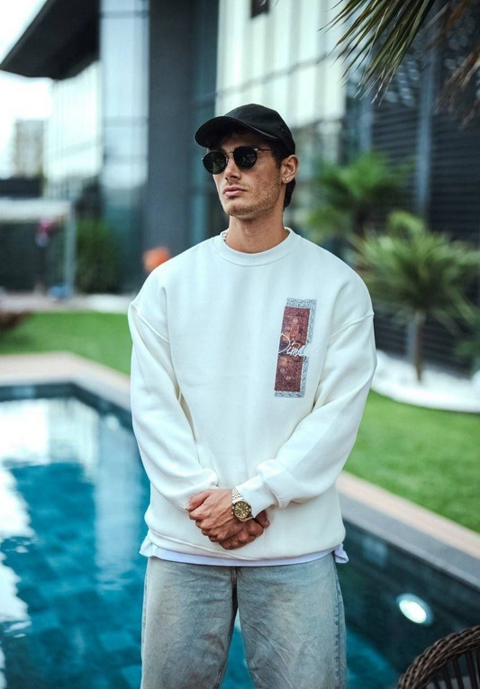 ASSEMA Erkek üç iplik pamuklu Bisiklet Yaka Ön ve Arka Baskılı SweatShirt - Beyaz