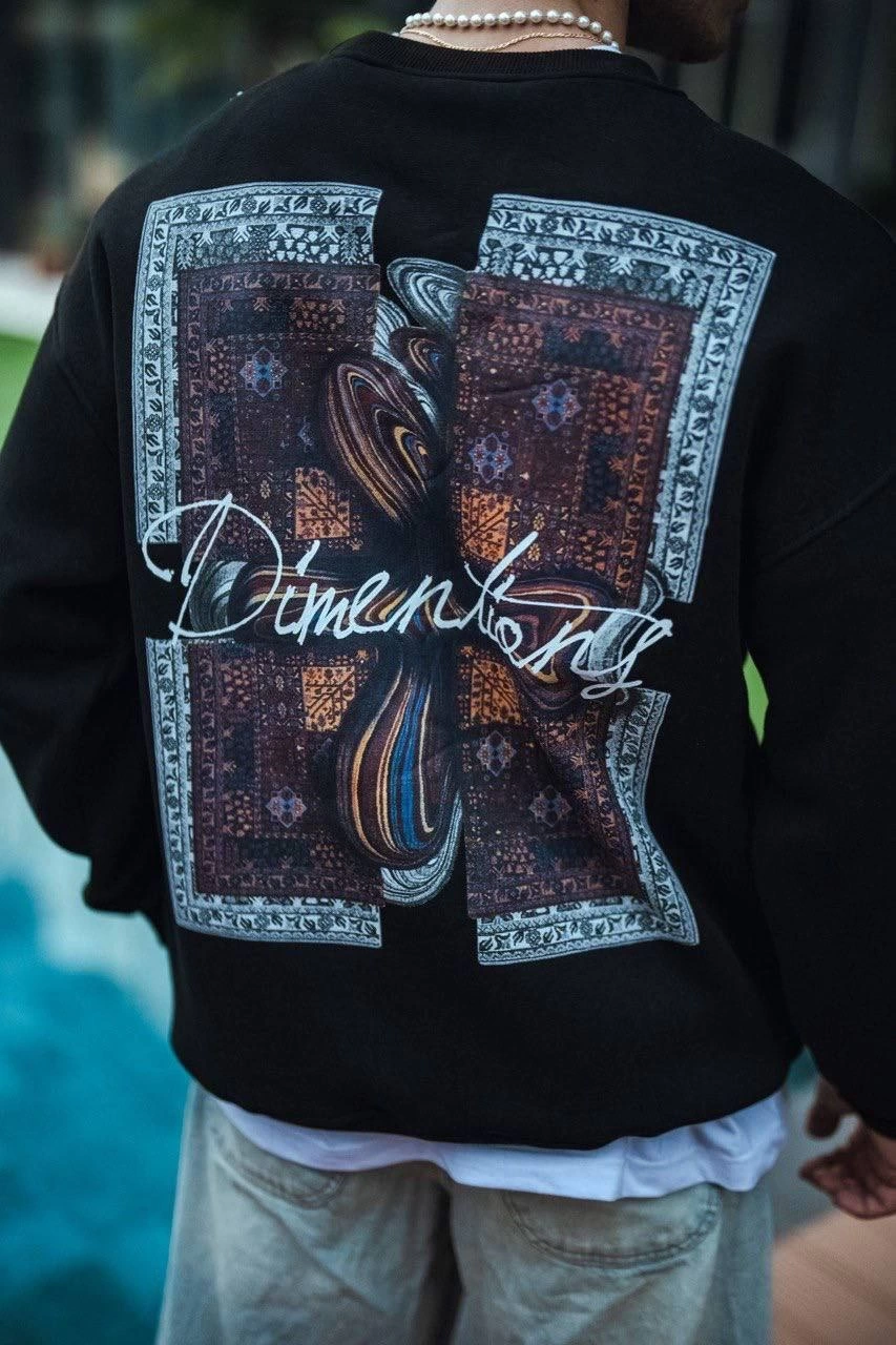 ASSEMA Erkek üç iplik pamuklu Bisiklet Yaka Ön ve Arka Baskılı SweatShirt - Siyah