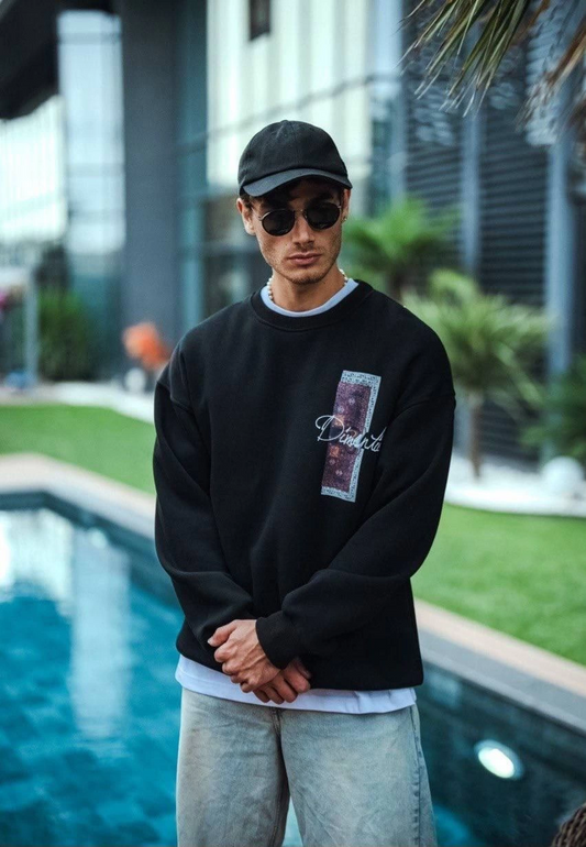 ASSEMA Erkek üç iplik pamuklu Bisiklet Yaka Ön ve Arka Baskılı SweatShirt - Siyah