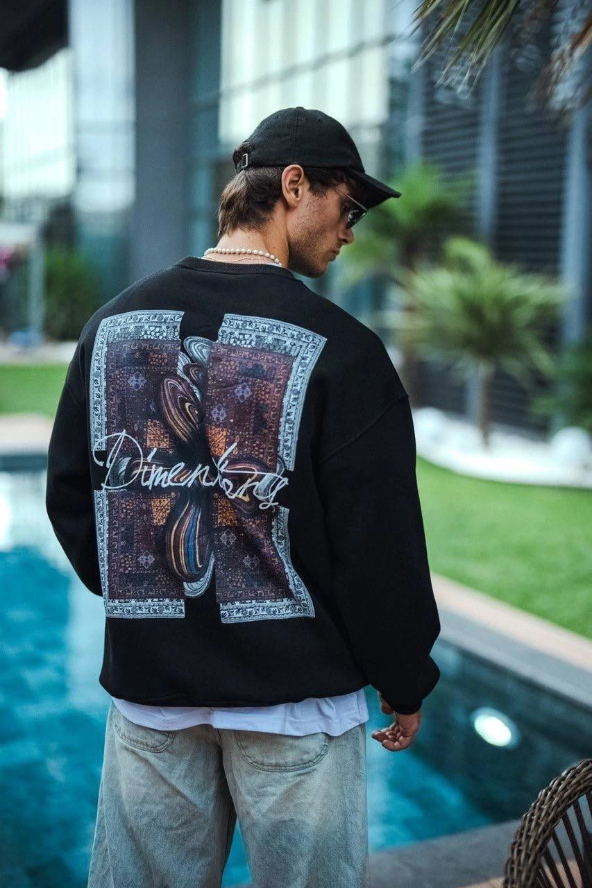 ASSEMA Erkek üç iplik pamuklu Bisiklet Yaka Ön ve Arka Baskılı SweatShirt - Siyah