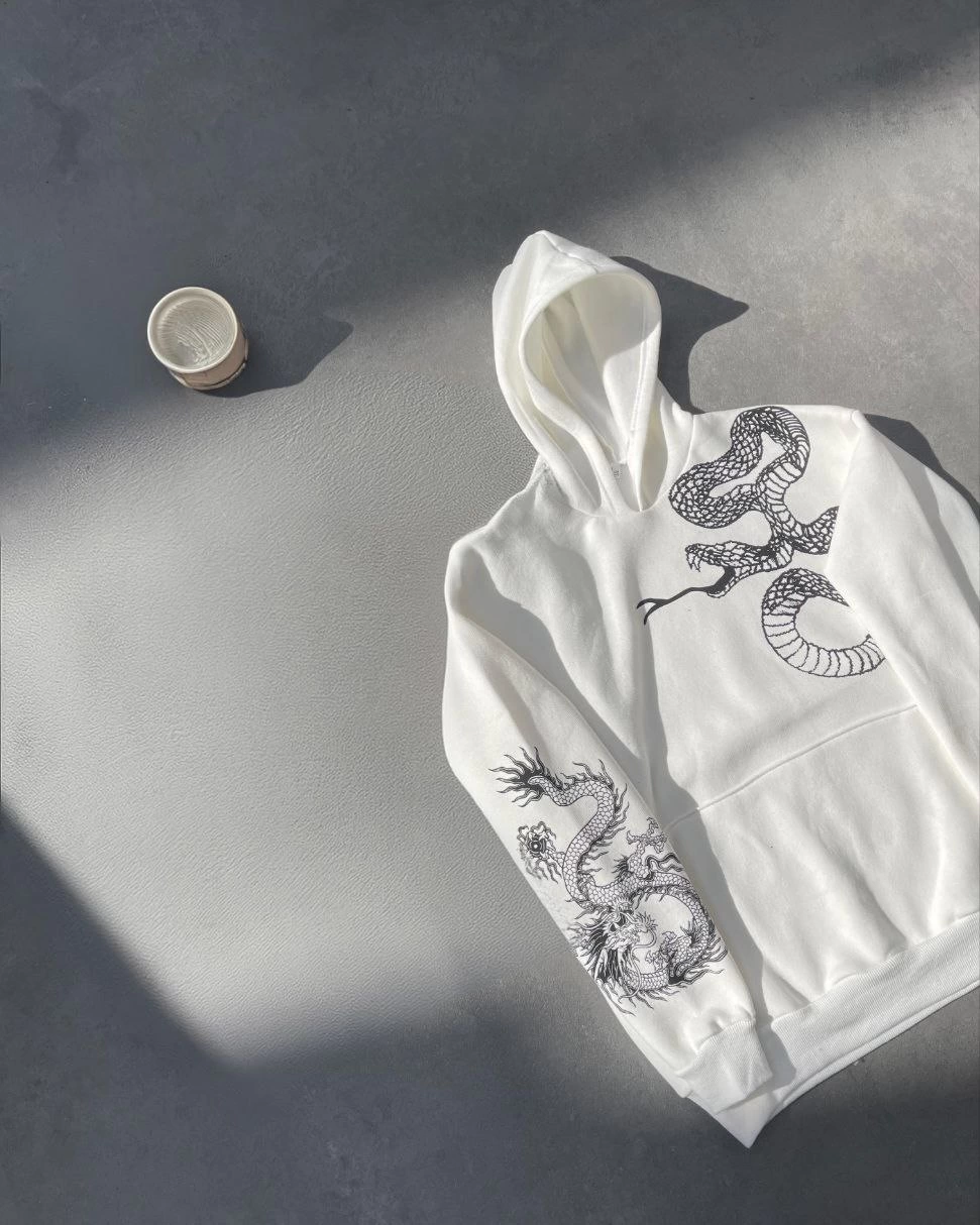 ASSEMA Kadın üç iplik  Kapüşonlu Baskılı SweatShirt - Beyaz