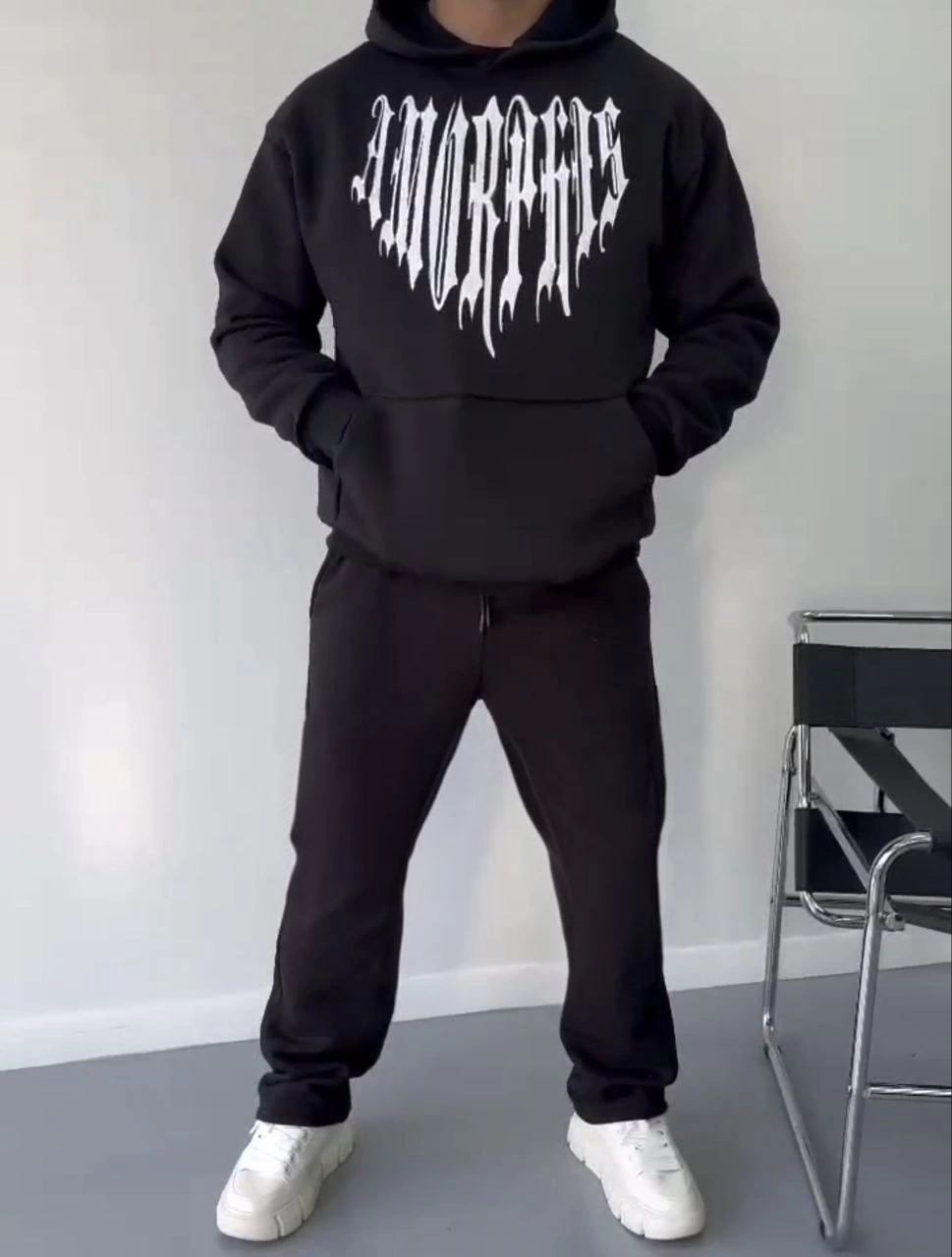 ASSEMA Erkek üç iplik pamuklu Kapüşonlu Baskılı SweatShirt - Siyah