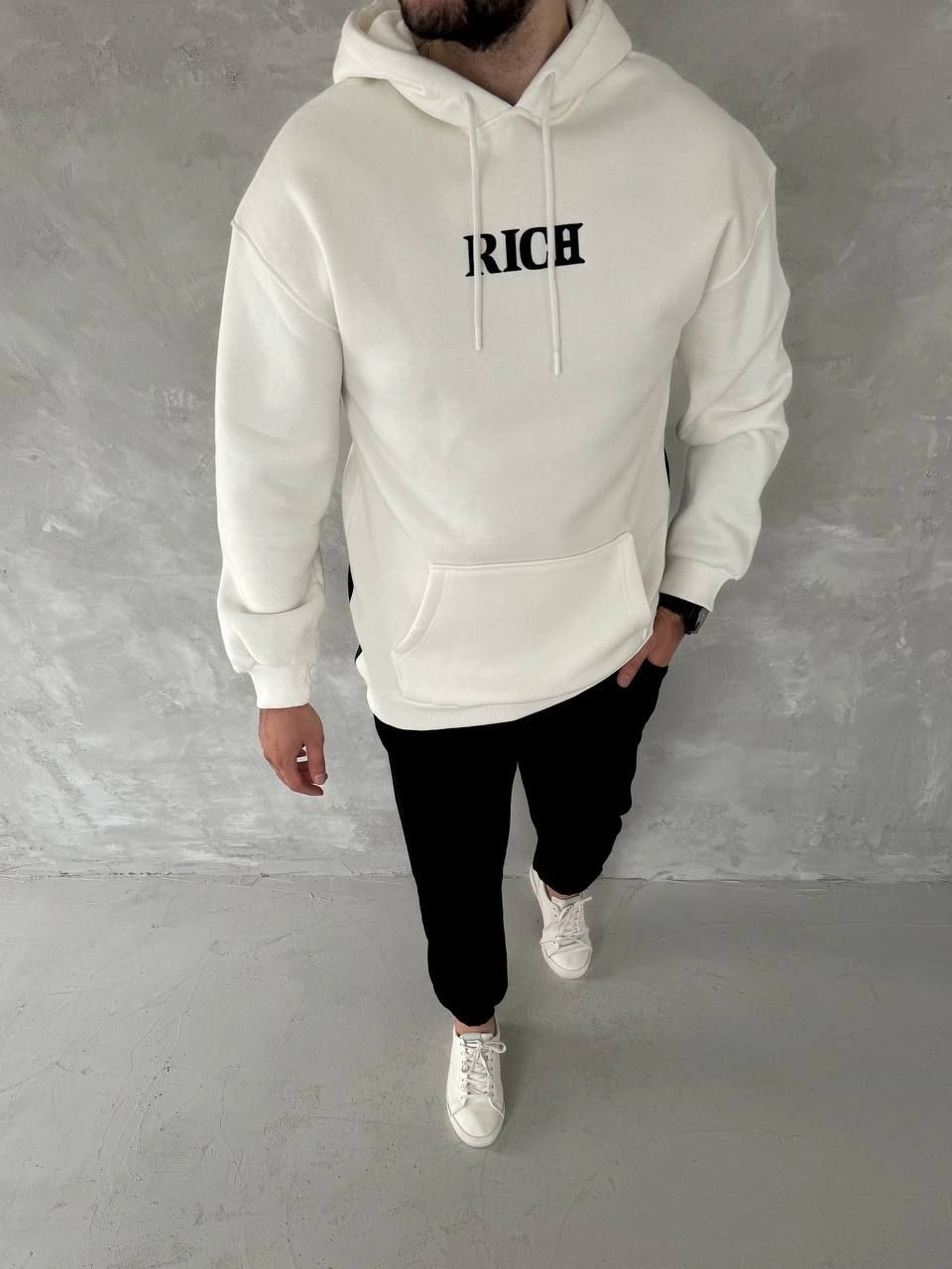 ASSEMA Erkek üç iplik pamuklu  Kapüşonlu Göğüs Baskılı SweatShirt - Beyaz