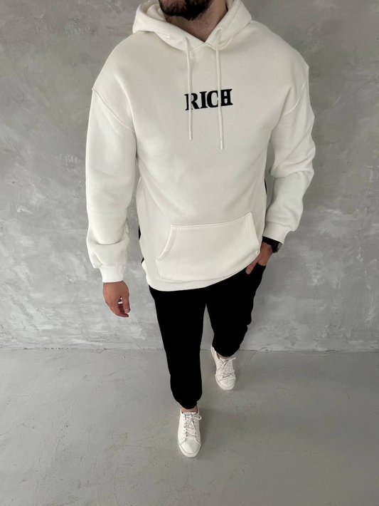 ASSEMA Erkek üç iplik pamuklu  Kapüşonlu Göğüs Baskılı SweatShirt - Beyaz