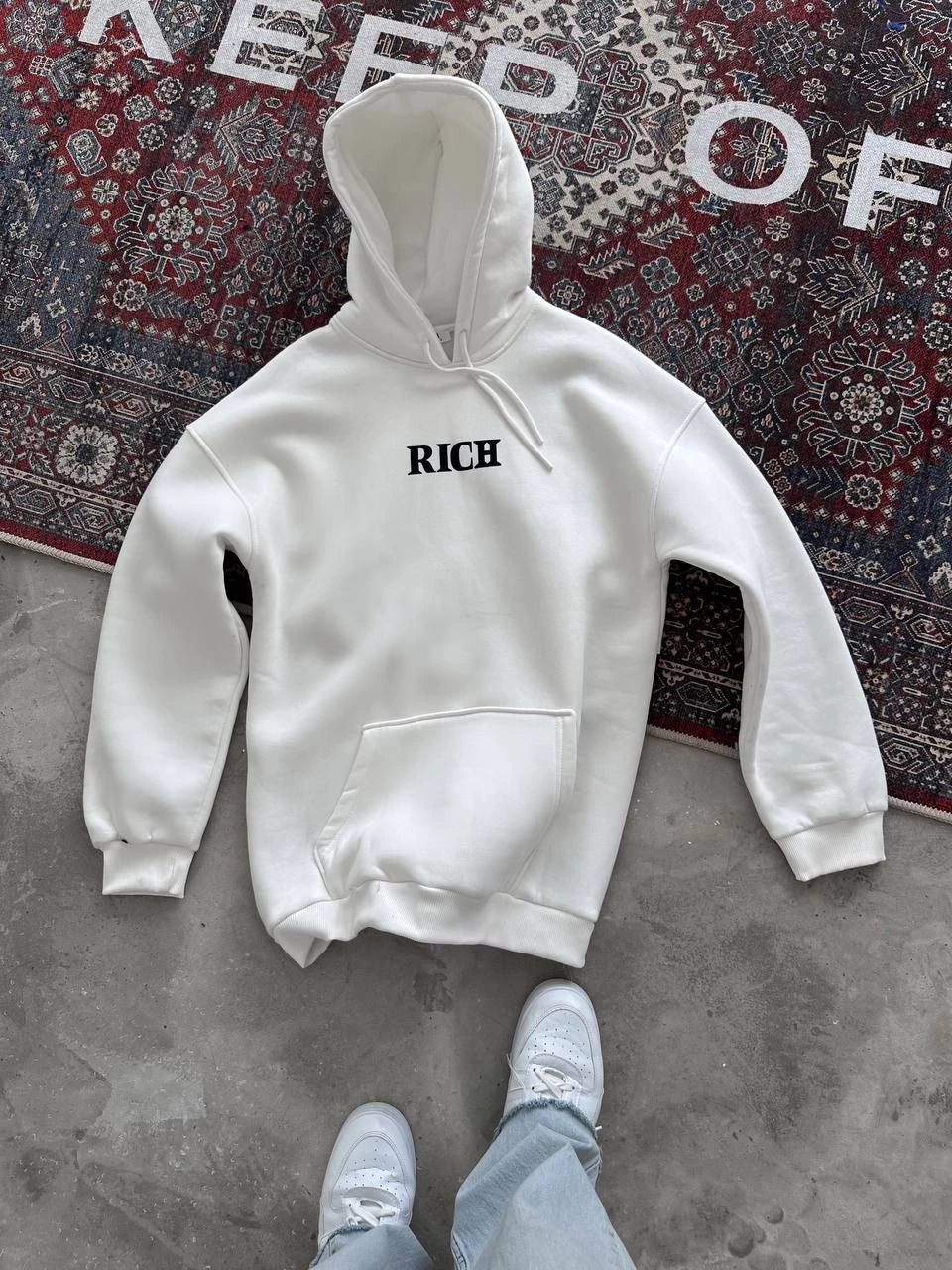 ASSEMA Erkek üç iplik pamuklu  Kapüşonlu Göğüs Baskılı SweatShirt - Beyaz