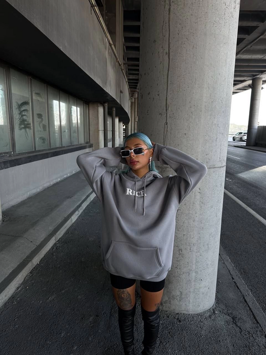 ASSEMA Kadın üç iplik Kapüşonlu Göğüs Baskılı SweatShirt - Gri