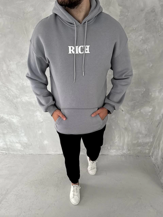 ASSEMA Uzun Kol Kapüşonlu Göğüs Baskılı SweatShirt - Gri