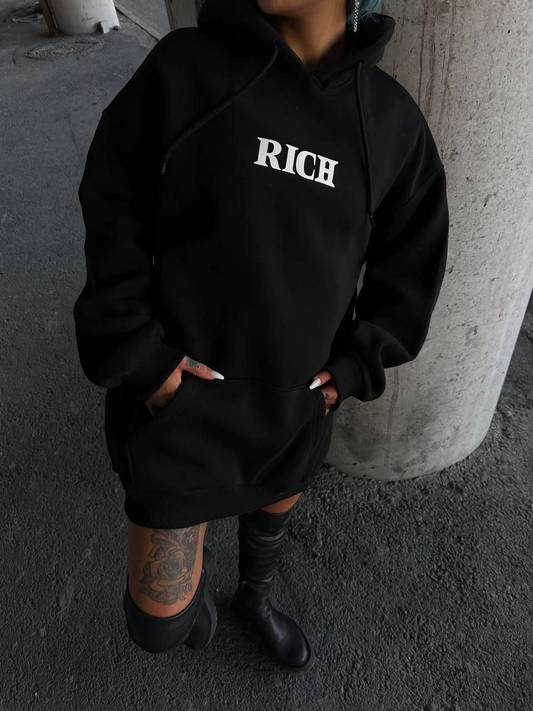 ASSEMA Kadın üç iplik  Kapüşonlu Göğüs Baskılı SweatShirt - Siyah