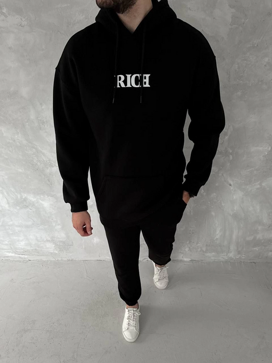 ASSEMA Erkek üç iplik pamuklu  Kapüşonlu Göğüs Baskılı SweatShirt - Siyah