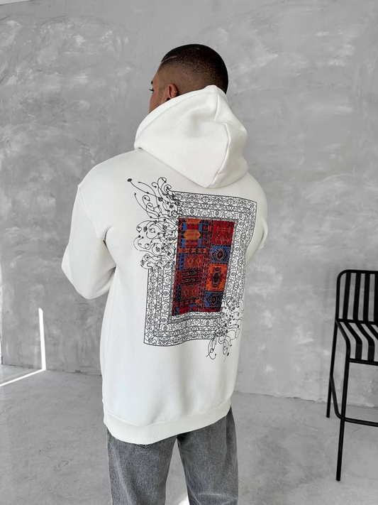 ASSEMA Erkek üç iplik pamuklu Kapüşonlu Ön Ve Arka Baskılı SweatShirt - Beyaz
