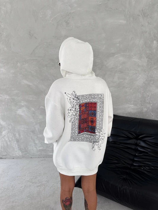 ASSEMA Kadın üç iplik Kapüşonlu Ön Ve Arka Baskılı SweatShirt - Beyaz