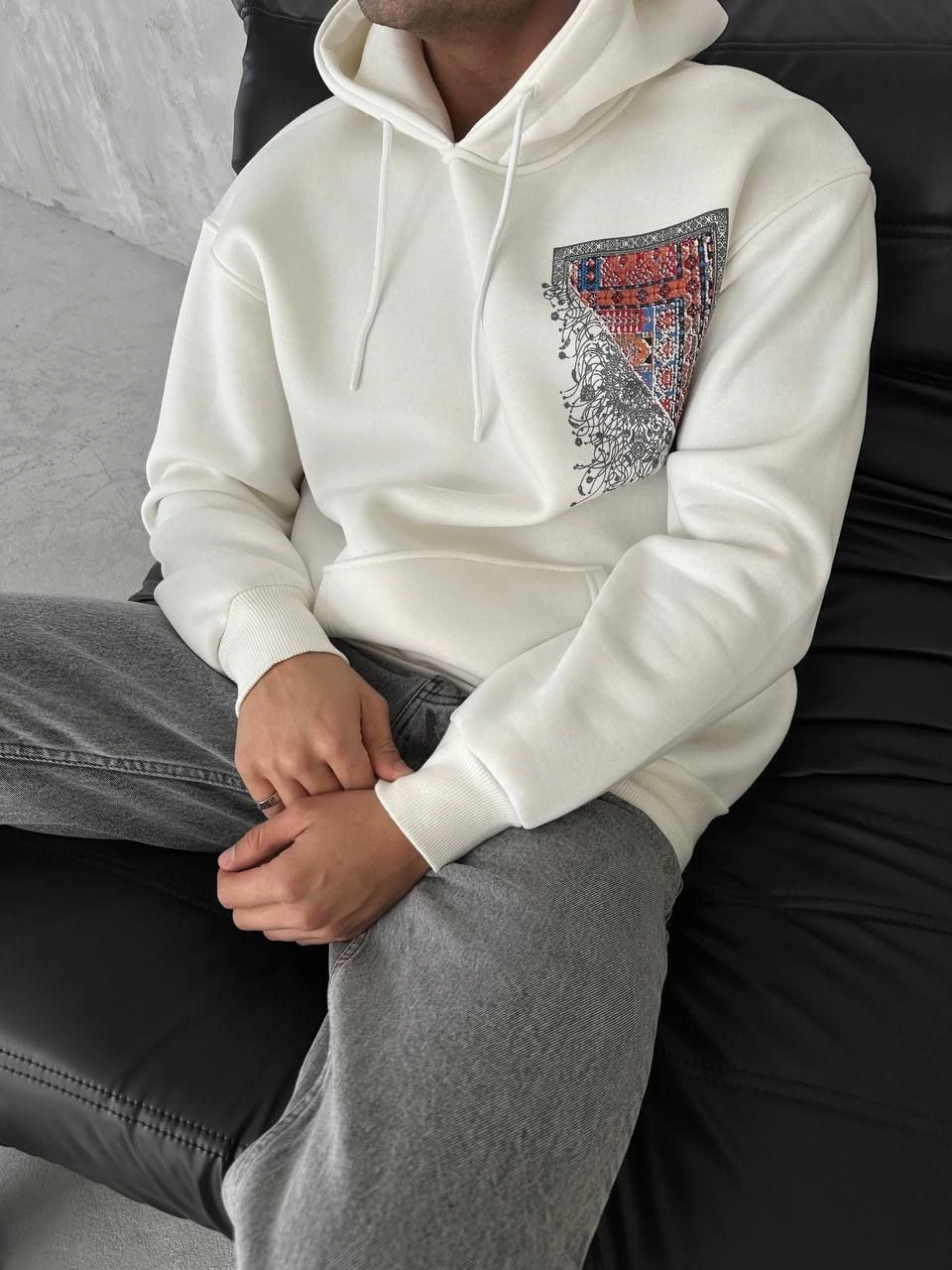 ASSEMA Erkek üç iplik pamuklu Kapüşonlu Ön Ve Arka Baskılı SweatShirt - Beyaz