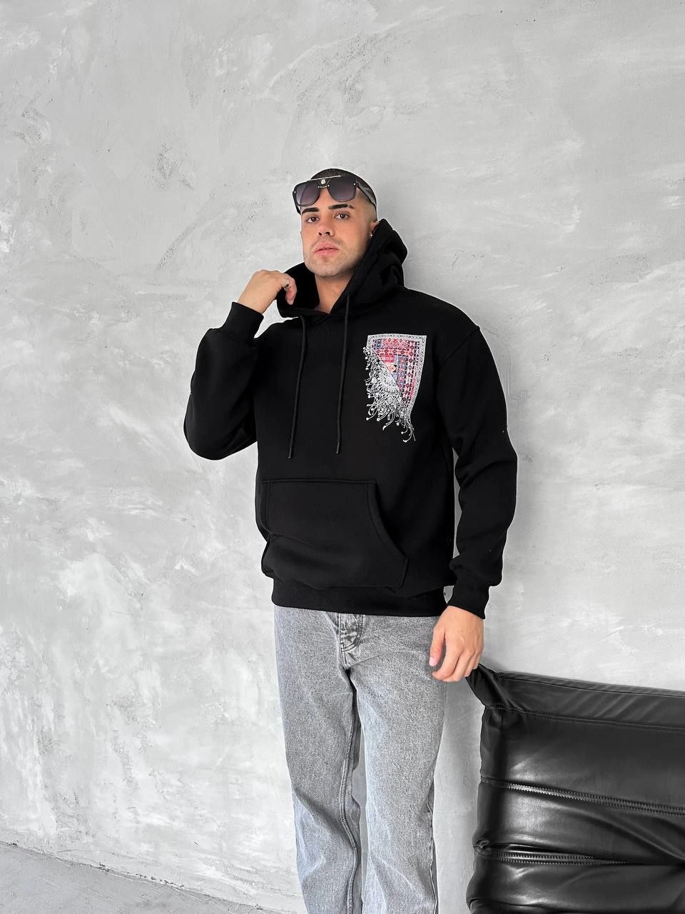 ASSEMA Erkek üç iplik pamuklu Kapüşonlu Ön Ve Arka Baskılı SweatShirt - Siyah