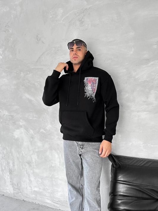 ASSEMA Erkek üç iplik pamuklu Kapüşonlu Ön Ve Arka Baskılı SweatShirt - Siyah
