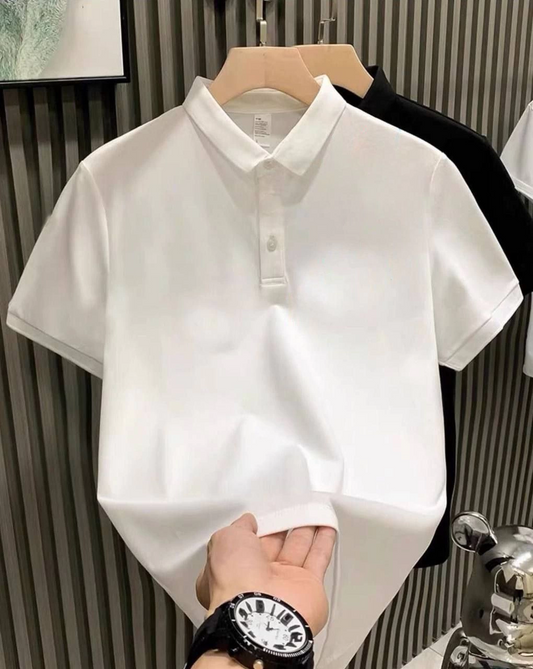 ASSEMA Erkek Yakası  Tişort Düğmeli Pike Düz T-Shirt - Beyaz