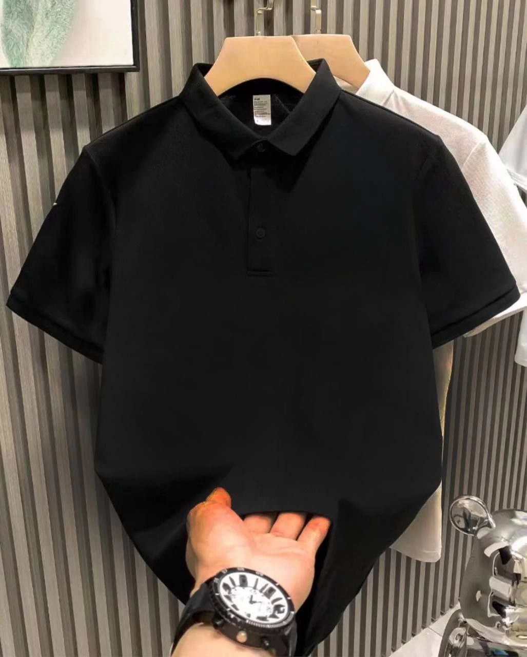 ASSEMA Erkek Yakalı Pike Kumaş Tişort  Düğmeli Düz kısa kol T-Shirt  - Siyah
