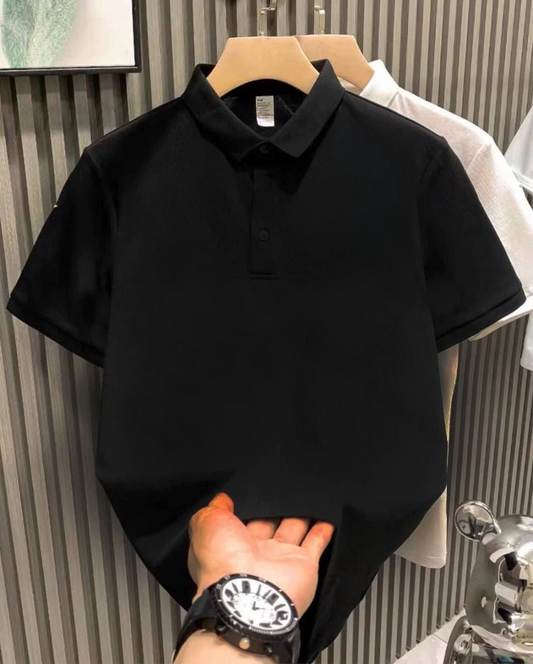 ASSEMA Erkek Yakalı Pike Kumaş Tişort  Düğmeli Düz kısa kol T-Shirt  - Siyah