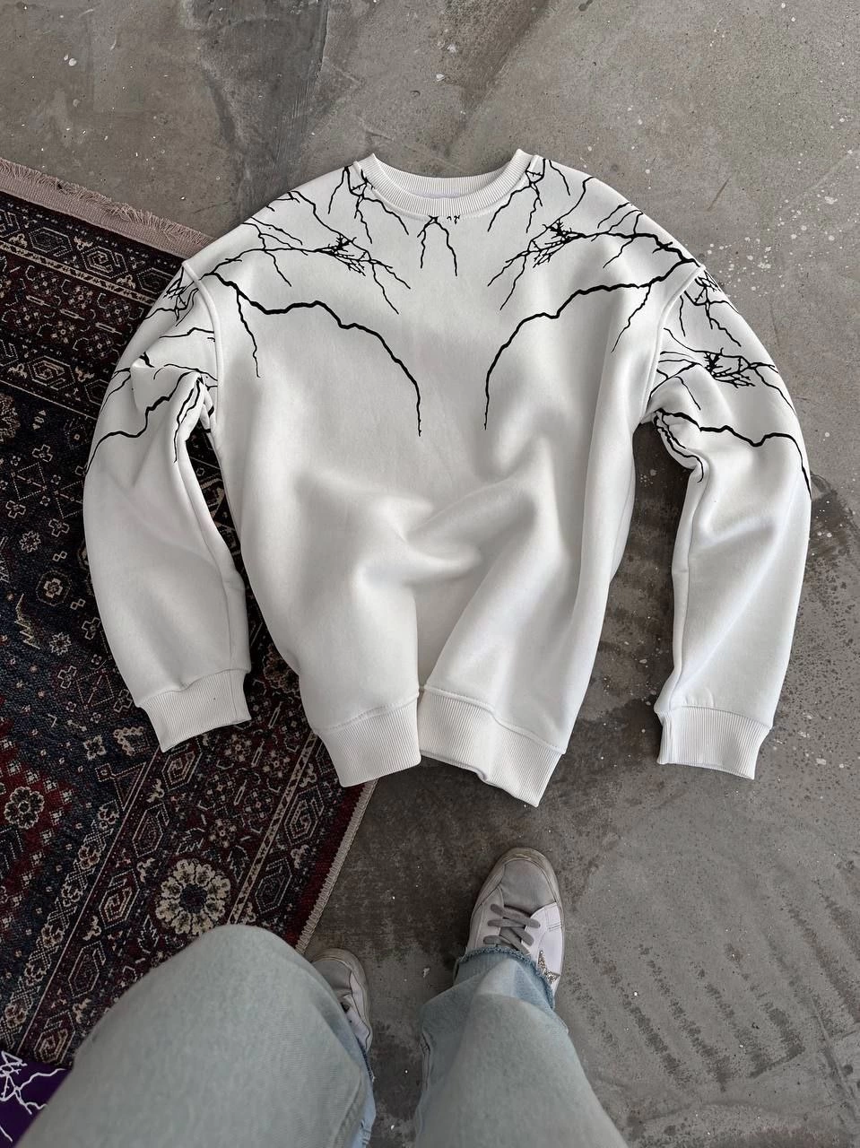 ASSEMA Erkek Yıldırım Baskılı Bisiklet Yaka üç iplik pamuklu SweatShirt - Beyaz