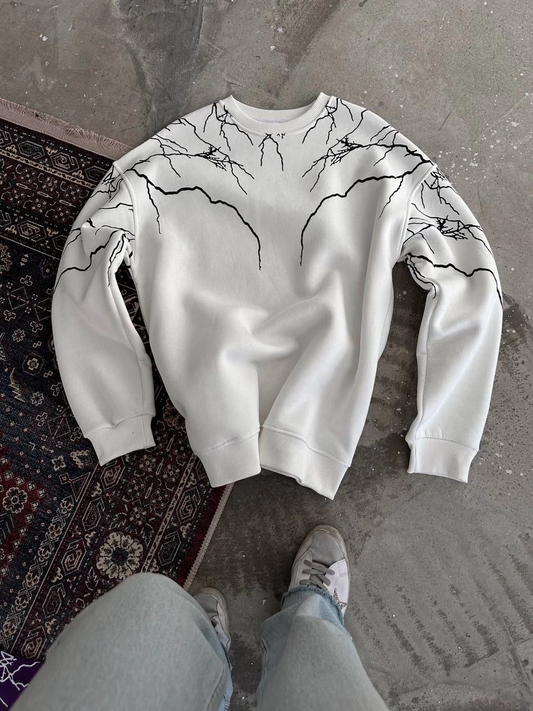 ASSEMA Erkek Yıldırım Baskılı Bisiklet Yaka üç iplik pamuklu SweatShirt - Beyaz