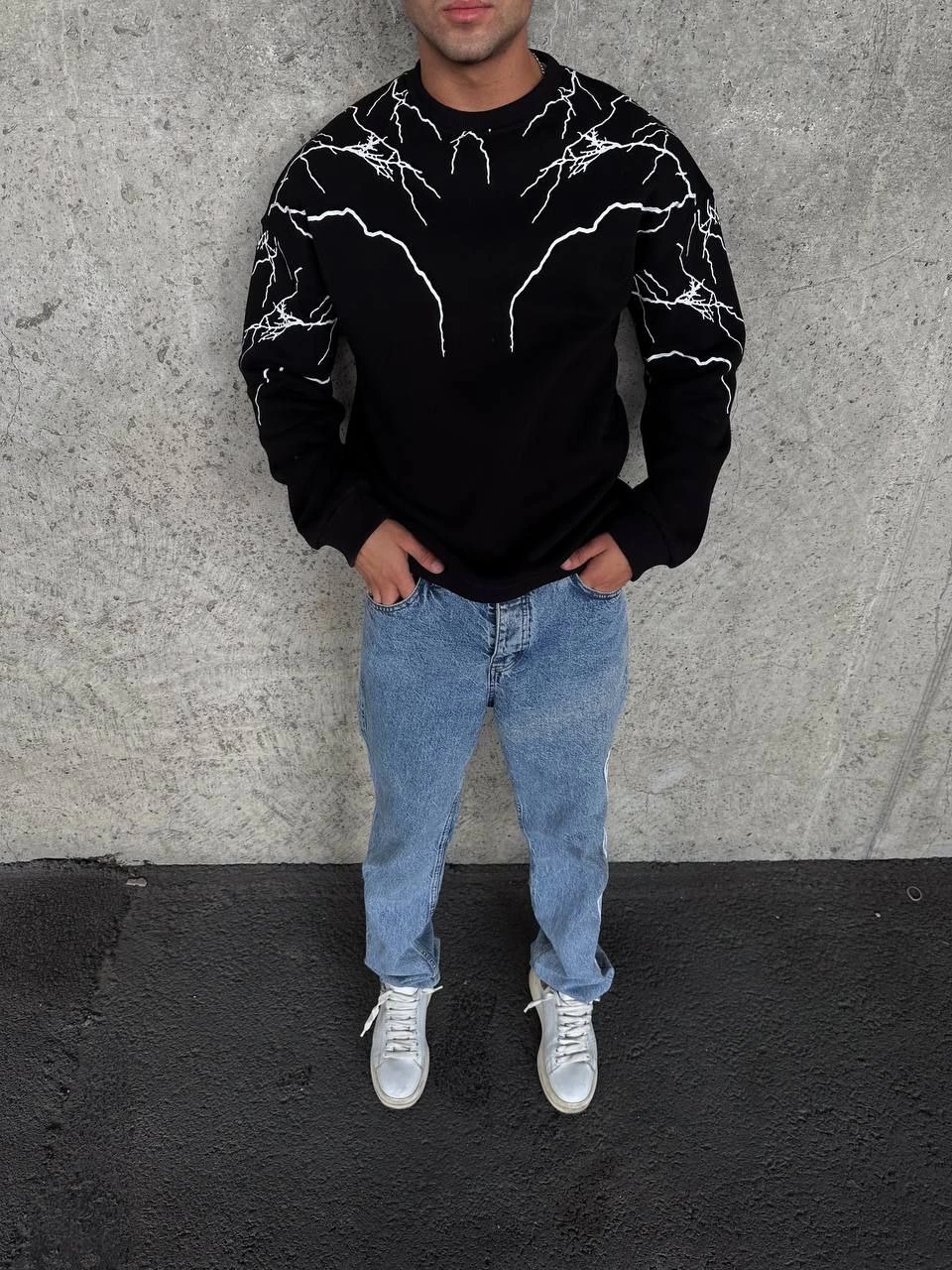 ASSEMA Erkek üç iplik pamuklu Yıldırım Baskılı Bisiklet Yaka SweatShirt - Siyah