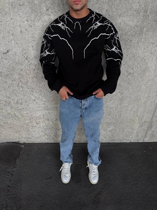 ASSEMA Erkek üç iplik pamuklu Yıldırım Baskılı Bisiklet Yaka SweatShirt - Siyah