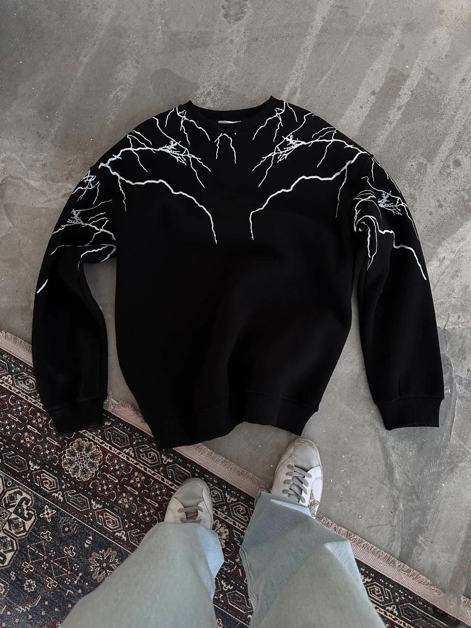 ASSEMA Erkek üç iplik pamuklu Yıldırım Baskılı Bisiklet Yaka SweatShirt - Siyah
